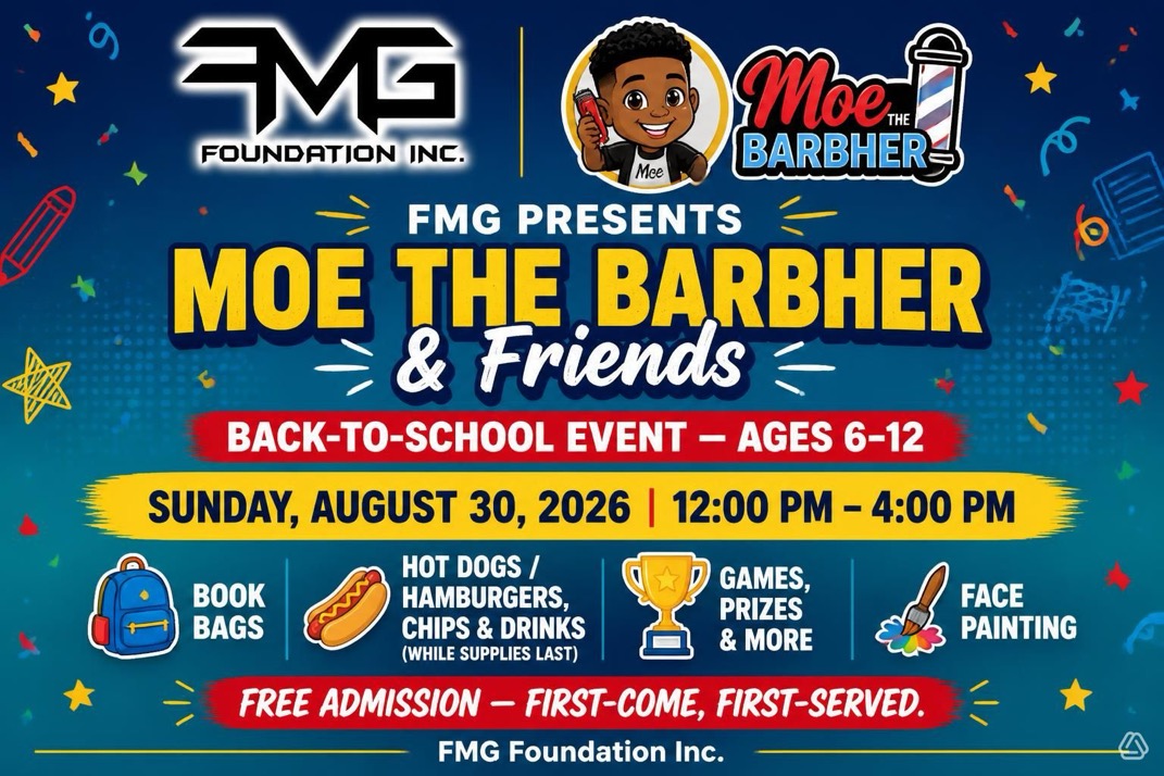Moe The Barbher & Friends back-to-school event flyer for ages 6-12 on Sunday August 30, 2026 from 12 PM to 4 PM with book bags, food, games, prizes, and face painting